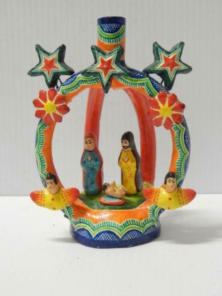 Antique Vintage Pottery Mexican Tree Of Life Nativity Scene Candle Holder Mexico