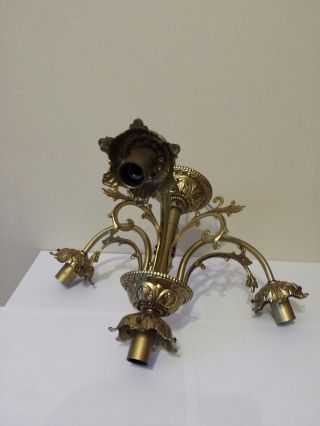 Antique Vtg French Art Nouveau Chandelier Bronze Brass 4 - light Lamp Petal Shades 8