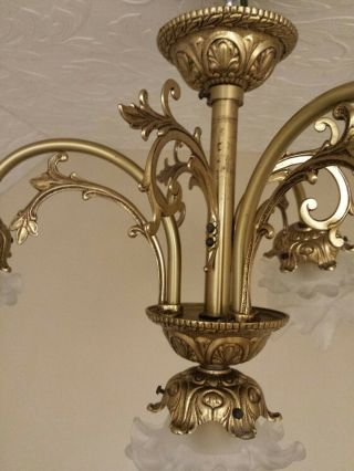 Antique Vtg French Art Nouveau Chandelier Bronze Brass 4 - light Lamp Petal Shades 9