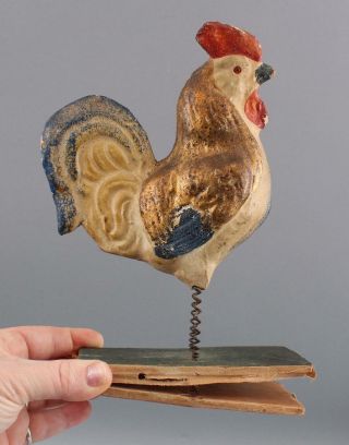 Lrg Antique Victorian Folk Art German Papier Mache Rooster Squeaker Folk Art Toy