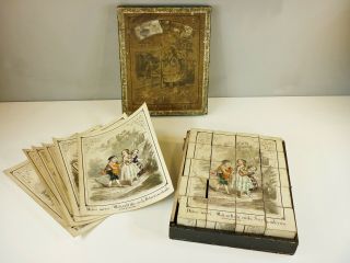 Rare Antique Lithograph Wood Blocks Childs Puzzle,  Box & Cards In 3 Languages