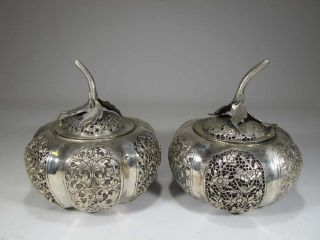 ASIAN CHINESE RETICULATED PIERCED SILVER COVERED JAR POT GOURD 12