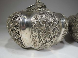 ASIAN CHINESE RETICULATED PIERCED SILVER COVERED JAR POT GOURD 3