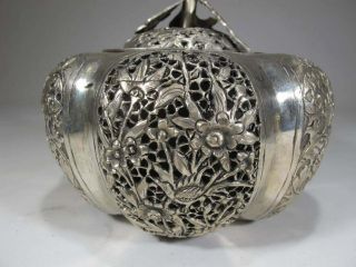 ASIAN CHINESE RETICULATED PIERCED SILVER COVERED JAR POT GOURD 5
