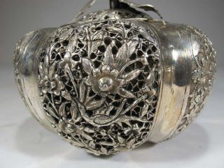 ASIAN CHINESE RETICULATED PIERCED SILVER COVERED JAR POT GOURD 7
