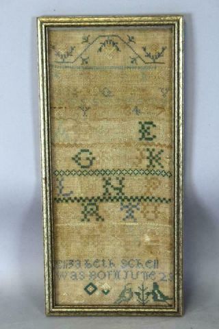 Rare 18th C Pennsylvania Band Sampler Signed " Elizabeth Schell " Born June 23