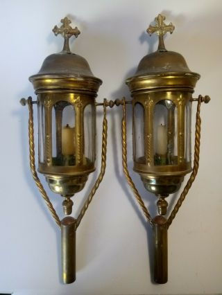 Antique Church Processional Religious Gothic Lanterns Glass Insert