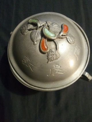 Antique Chinese Pewter Cup With Lid Jade Stones