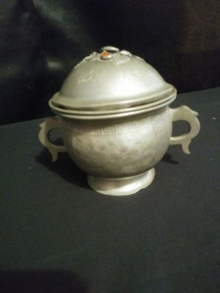 Antique Chinese Pewter Cup With Lid Jade stones 4