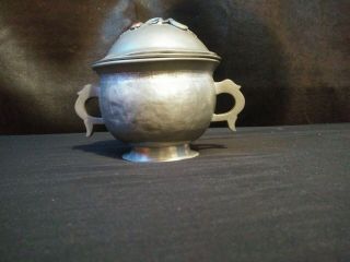 Antique Chinese Pewter Cup With Lid Jade stones 5