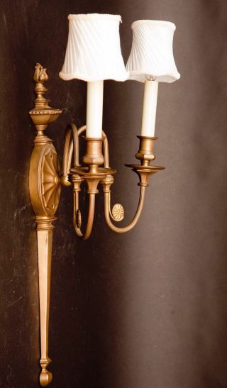 Vintage Empire Style Large Solid Brass Double Bulb Wall Sconce with Shades 10