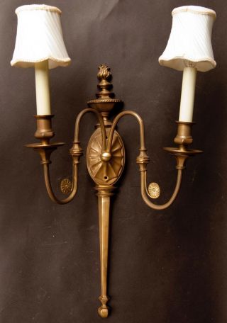 Vintage Empire Style Large Solid Brass Double Bulb Wall Sconce with Shades 11