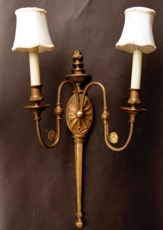 Vintage Empire Style Large Solid Brass Double Bulb Wall Sconce With Shades