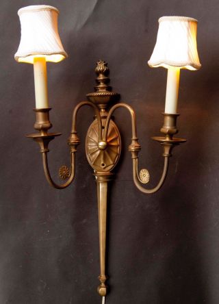 Vintage Empire Style Large Solid Brass Double Bulb Wall Sconce with Shades 2