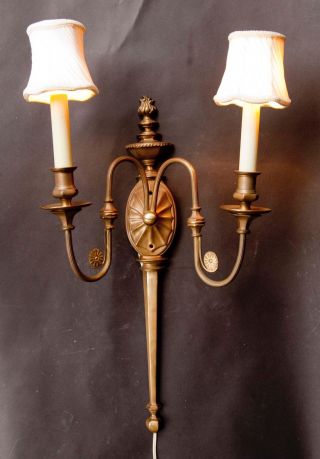 Vintage Empire Style Large Solid Brass Double Bulb Wall Sconce with Shades 7