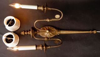 Vintage Empire Style Large Solid Brass Double Bulb Wall Sconce with Shades 8