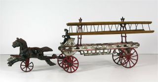 1890s Cast Iron Horse Drawn Fire Engine / Ladder Truck Toy By Kenton Hardware
