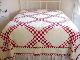 MUSEUM QUALITY 1800s Hand Stitched Red White Irish Chain Sawtooth Quilt 90x76 2