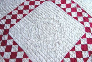 MUSEUM QUALITY 1800s Hand Stitched Red White Irish Chain Sawtooth Quilt 90x76 3