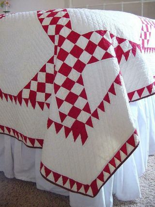 MUSEUM QUALITY 1800s Hand Stitched Red White Irish Chain Sawtooth Quilt 90x76 6