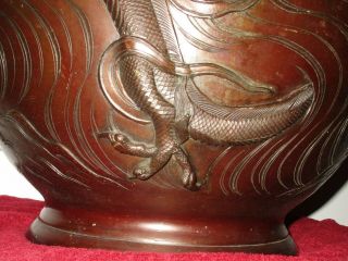 Antique 1890 Japanese Art Bronze Serpent Dragon in Water Planter Jardiniere 5