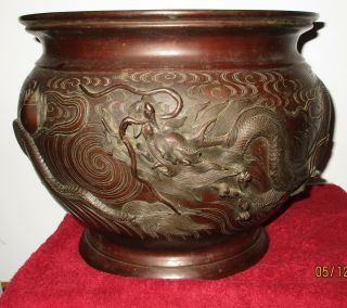 Antique 1890 Japanese Art Bronze Serpent Dragon in Water Planter Jardiniere 9