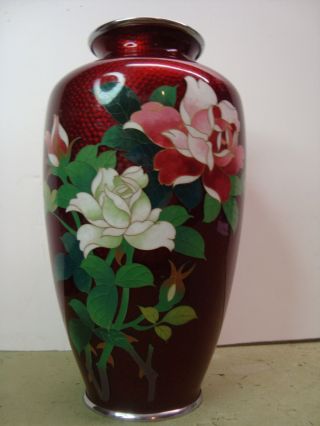 Vintage Japanese Cloisonne Vase In Blood Red Silver Top & Base 18 Cm Height
