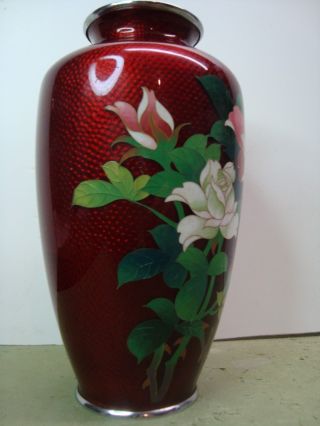 Vintage Japanese Cloisonne Vase in Blood Red Silver Top & Base 18 cm Height 2