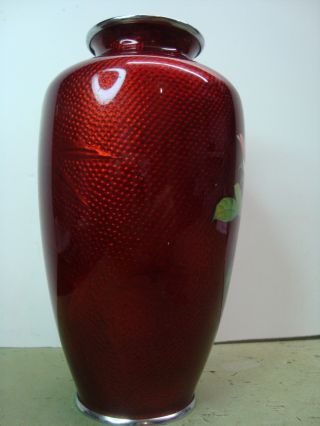 Vintage Japanese Cloisonne Vase in Blood Red Silver Top & Base 18 cm Height 3