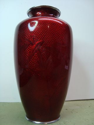 Vintage Japanese Cloisonne Vase in Blood Red Silver Top & Base 18 cm Height 4
