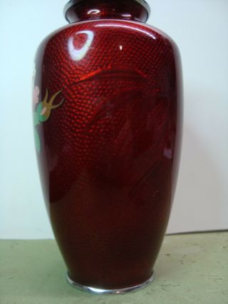 Vintage Japanese Cloisonne Vase in Blood Red Silver Top & Base 18 cm Height 5