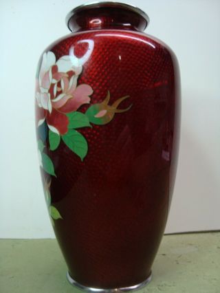 Vintage Japanese Cloisonne Vase in Blood Red Silver Top & Base 18 cm Height 6