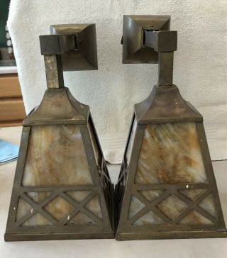 Antique Pair Wall Sconce Light Fixture Mission Arts & Crafts Slag Glass Shade 3
