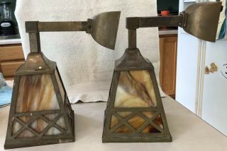 Antique Pair Wall Sconce Light Fixture Mission Arts & Crafts Slag Glass Shade 4
