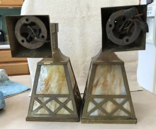 Antique Pair Wall Sconce Light Fixture Mission Arts & Crafts Slag Glass Shade 5