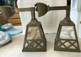 Antique Pair Wall Sconce Light Fixture Mission Arts & Crafts Slag Glass Shade 6