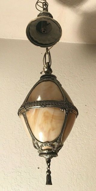 Antique Cast Alloy Art Deco Slag Glass Ceiling Lamp Light Fixture Basket