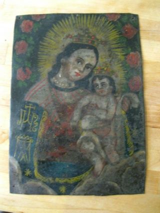 Antique Retablo/ On Tin With The Image Of Our Lady Of Refuge