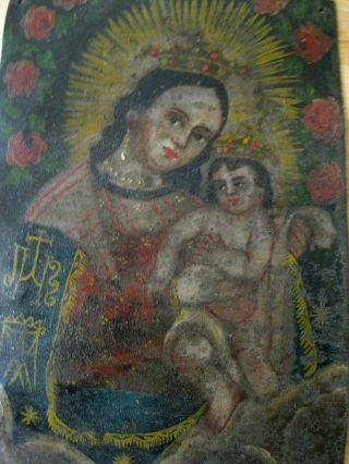 ANTIQUE RETABLO/ ON TIN WITH THE IMAGE OF OUR LADY OF REFUGE 2