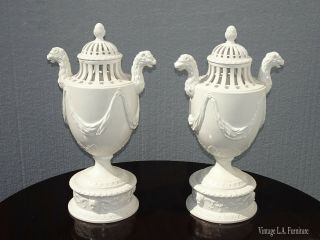 Vintage Table Top White Porcelain Urns Vases W Lion Heads Crown Stamp