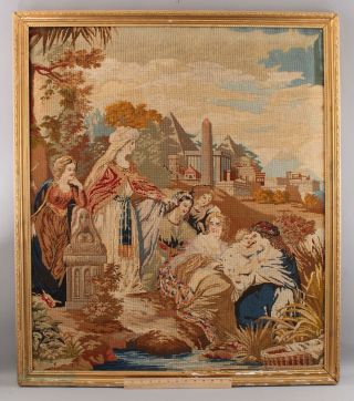 Large Antique Religious Tapestry Embroidery,  Baby Moses In The Basket,  Nr