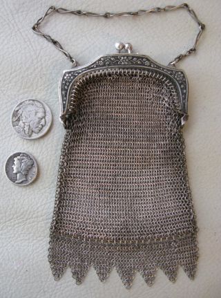 Antique Victorian Silver T Floral Frame Mesh Point Fringe Chatelaine Coin Purse