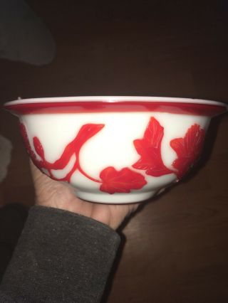 Vintage Chinese Peking Glass Bowls White Bird Floral Overlay 3
