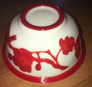 Vintage Chinese Peking Glass Bowls White Bird Floral Overlay 6