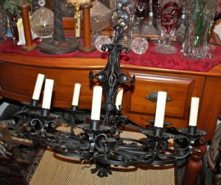 Vintage Wrought Iron 8 Light Chandelier Gothic Medieval Light Fixture Scrolls