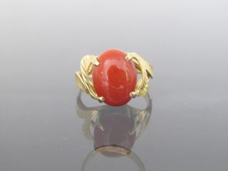 18k Solid Yellow Gold Oval Red Jadeite Jade Leaf Ring Size 6
