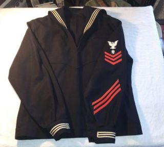 Vintage Wwii Usn Navy Blue Dress Jumper 1st Class Petty Officer Carpenter