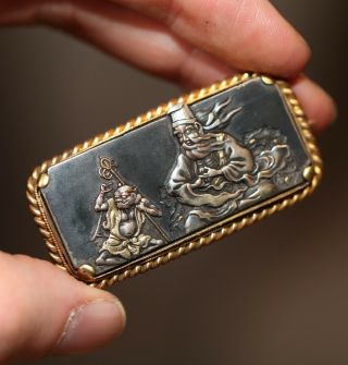 Antique Japanese Carved Mixed Metal Brooch,  Gold & Silver Oni,  Immortal,  Meiji.