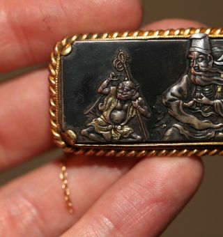 Antique Japanese carved mixed metal brooch,  gold & silver Oni,  immortal,  MEIJI. 3