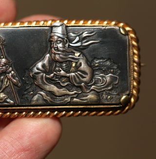 Antique Japanese carved mixed metal brooch,  gold & silver Oni,  immortal,  MEIJI. 4